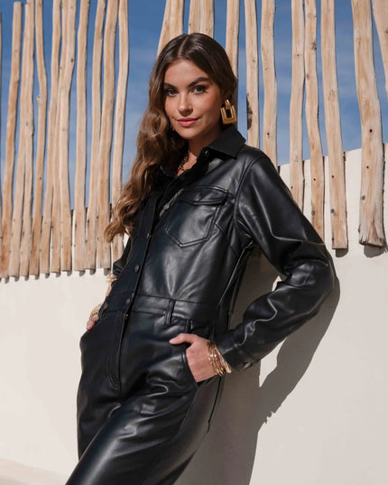 Women's Black Faux Leather Jumpsuit