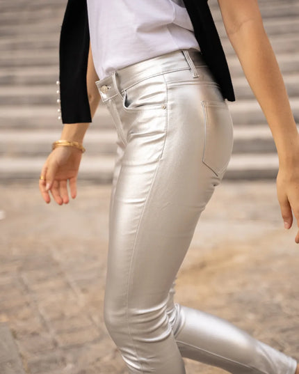 Women's Silver Metallic Slim Trousers