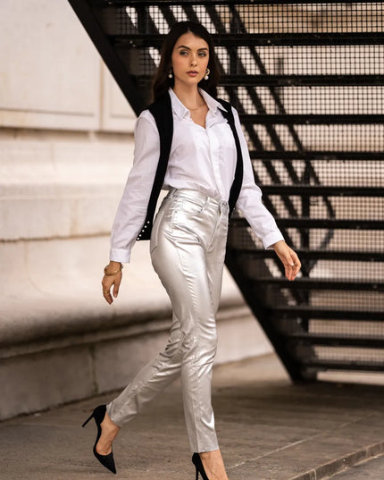 Women's Silver Metallic Mom Trousers