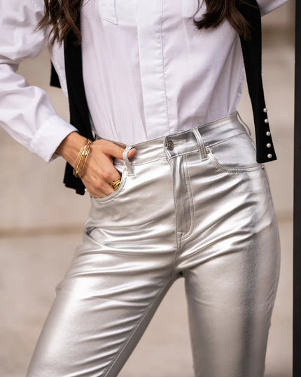 Women's Silver Metallic Mom Trousers