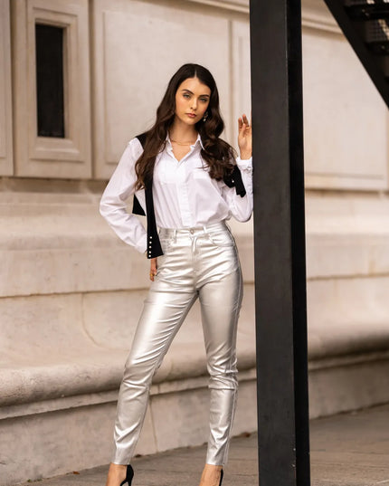 Women's Silver Metallic Mom Trousers