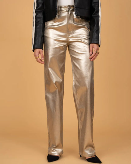 Women's Gold Coated Wide-Leg Trousers