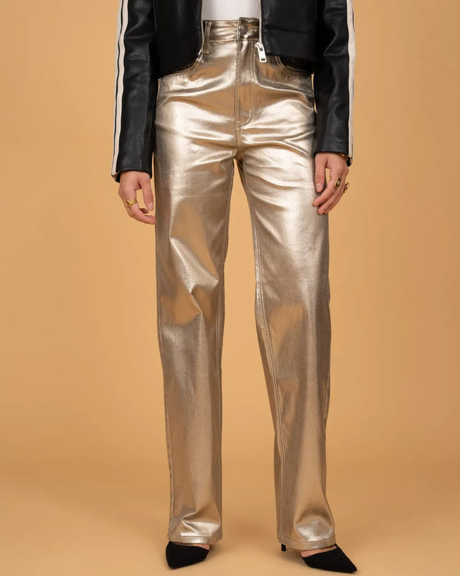 Women's Gold Coated Wide-Leg Trousers