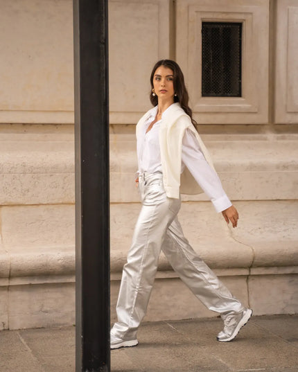 Women's Silver Coated Wide-Leg Trousers