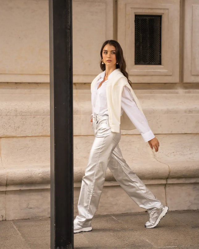 Women's Silver Coated Wide-Leg Trousers