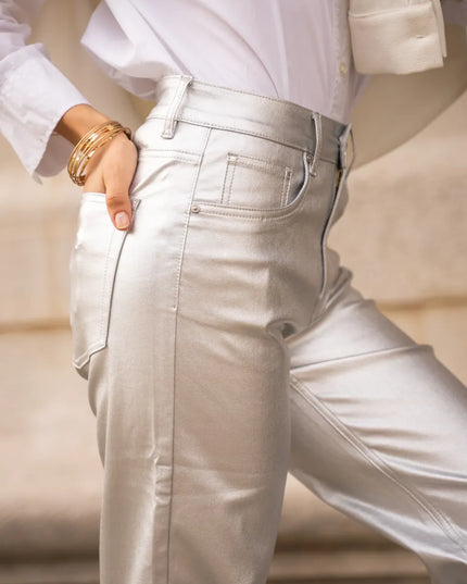 Women's Silver Coated Wide-Leg Trousers