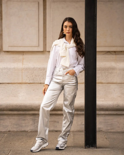 Women's Silver Coated Wide-Leg Trousers