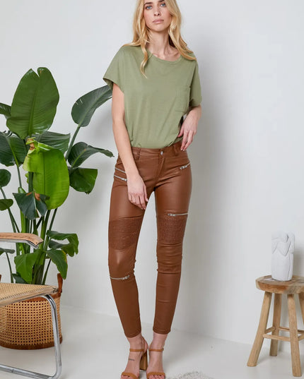 Women's Tan Coated Biker Trousers