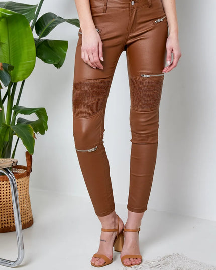 Women's Tan Coated Biker Trousers