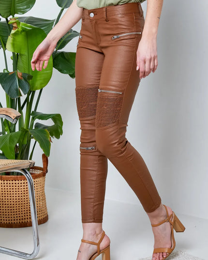 Women's Tan Coated Biker Trousers