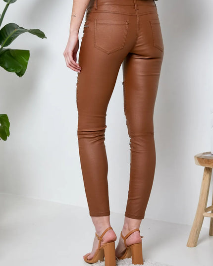 Women's Tan Coated Biker Trousers