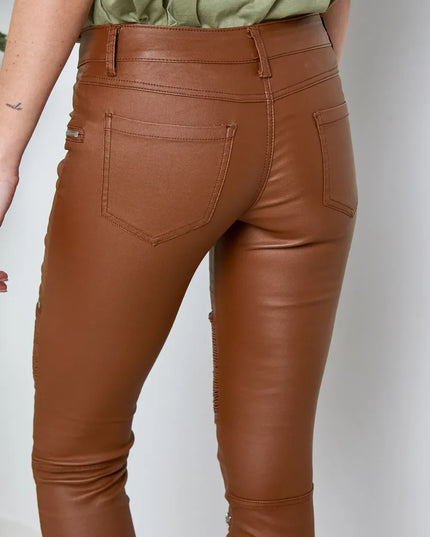 Women's Tan Coated Biker Trousers