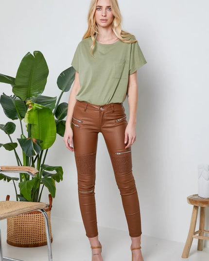 Women's Tan Coated Biker Trousers