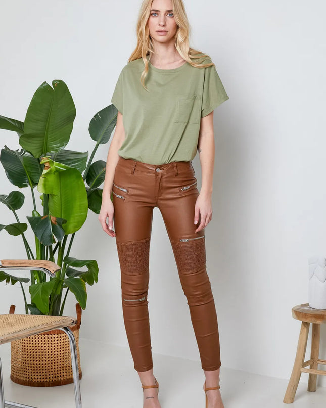 Women's Tan Coated Biker Trousers