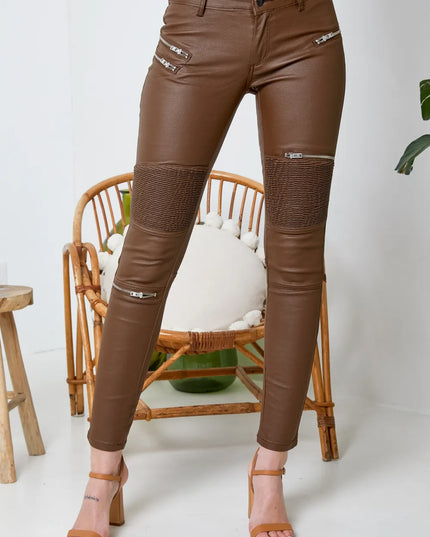 Women's Brown Coated Biker Trousers