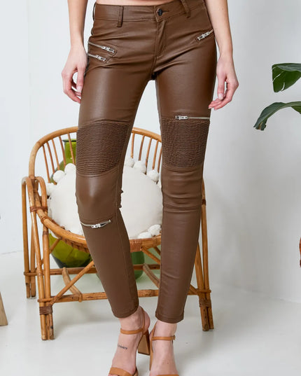 Women's Brown Coated Biker Trousers