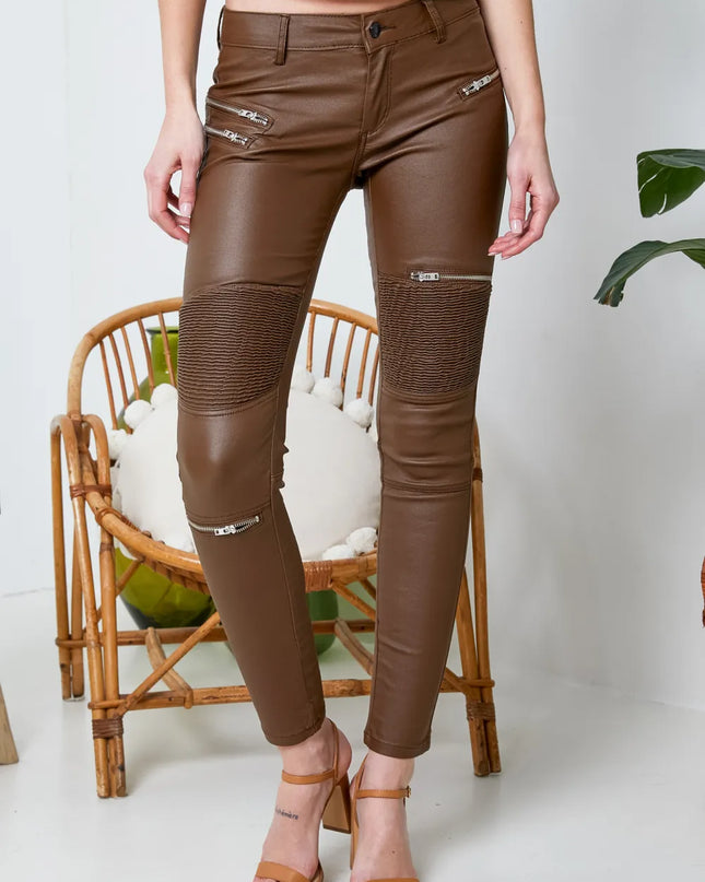 Women's Brown Coated Biker Trousers