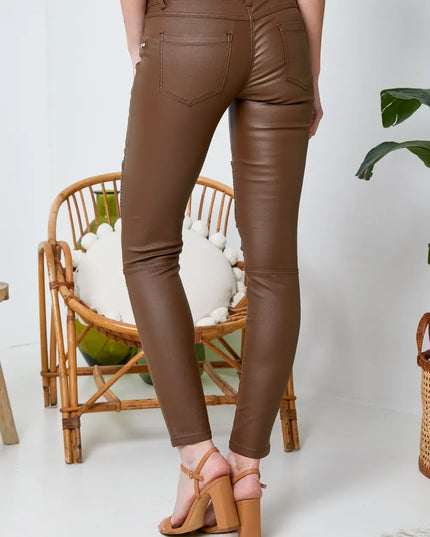 Women's Brown Coated Biker Trousers