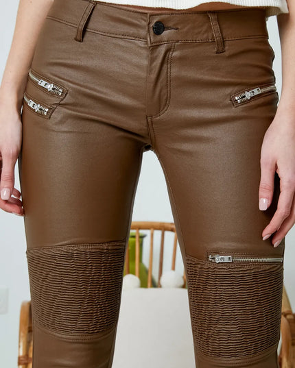Women's Brown Coated Biker Trousers