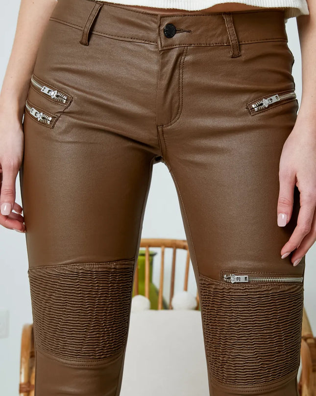 Women's Brown Coated Biker Trousers