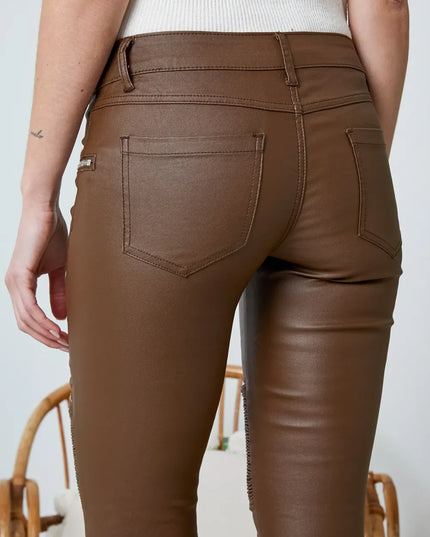 Women's Brown Coated Biker Trousers