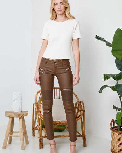 Women's Brown Coated Biker Trousers