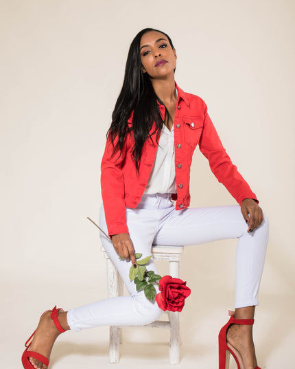 Wholesale Red Color Stretch Jeans Jacket