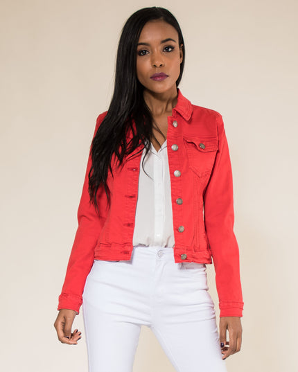 Wholesale Red Color Stretch Jeans Jacket