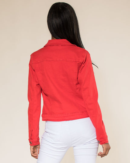 Wholesale Red Color Stretch Jeans Jacket