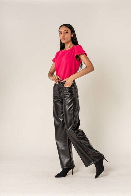 Wholesale Black PU Flare Leather Look Trousers