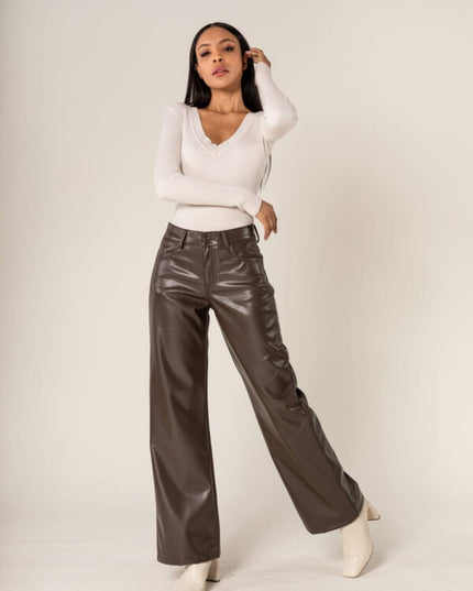 Wholesale Brown PU Flare Leather Look Trousers