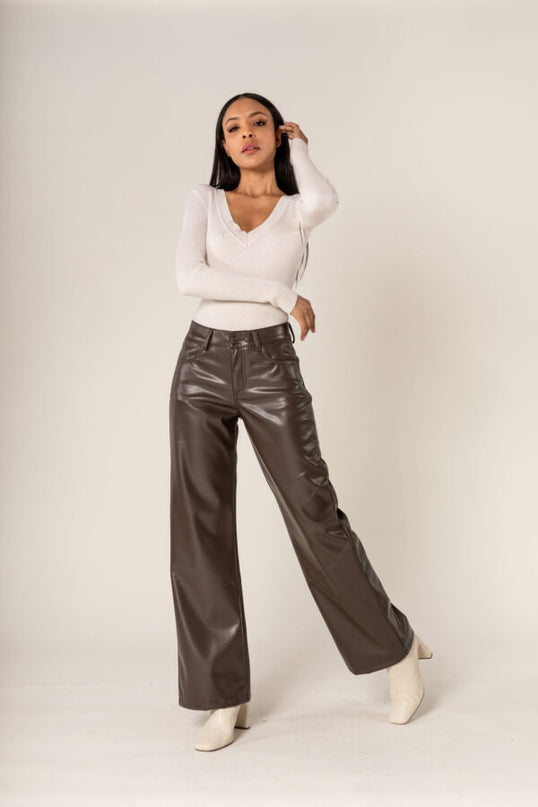 Wholesale Brown PU Flare Leather Look Trousers