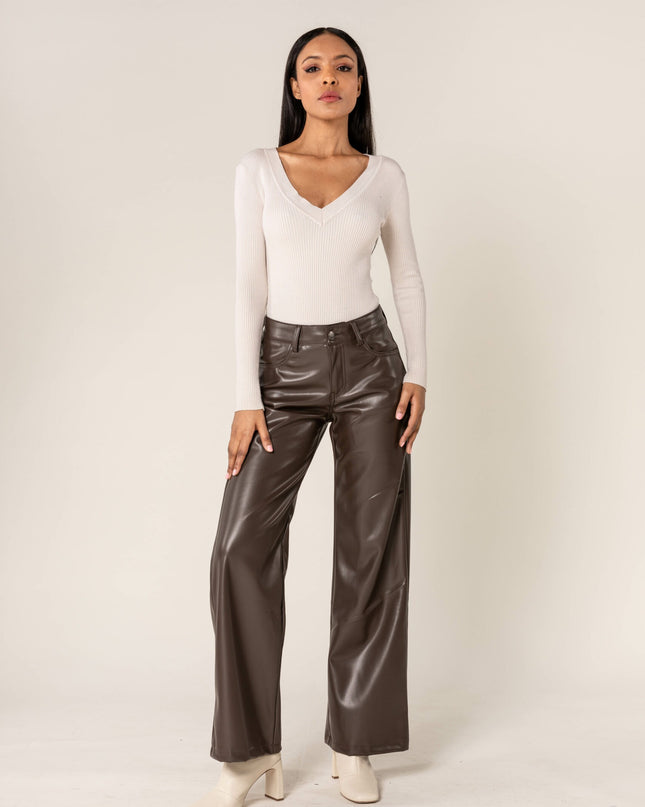 Wholesale Brown PU Flare Leather Look Trousers