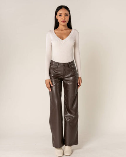 Wholesale Brown PU Flare Leather Look Trousers