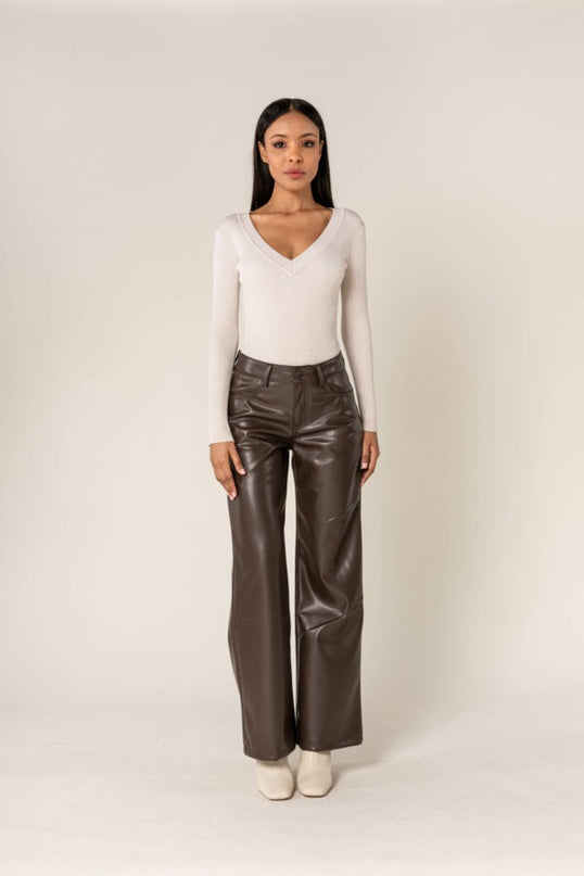 Wholesale Brown PU Flare Leather Look Trousers