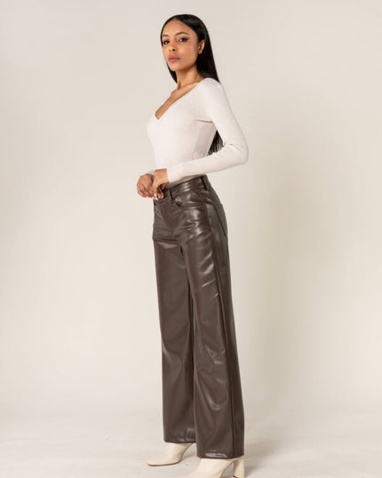 Wholesale Brown PU Flare Leather Look Trousers