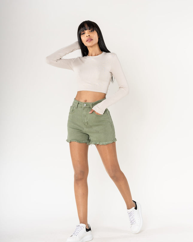 Wholesale High Waisted Frayed Shorts Frayed Bottom Light Khaki