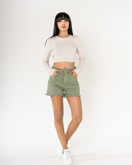 Wholesale High Waisted Frayed Shorts Frayed Bottom Light Khaki