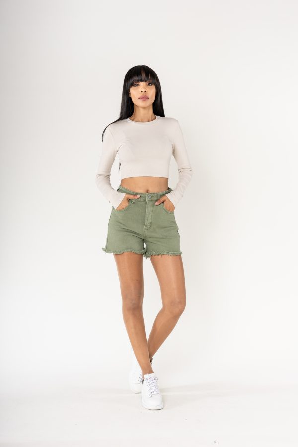 Wholesale High Waisted Frayed Shorts Frayed Bottom Light Khaki