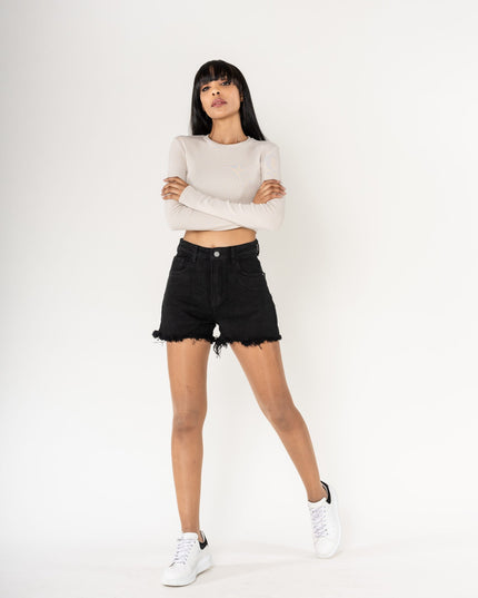 Wholesale High Waisted Frayed Shorts Frayed Bottom Black