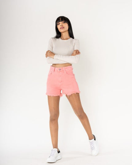 Wholesale High Waisted Frayed Shorts Frayed Bottom Salmon