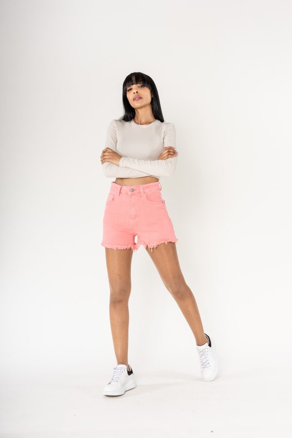 Wholesale High Waisted Frayed Shorts Frayed Bottom Salmon