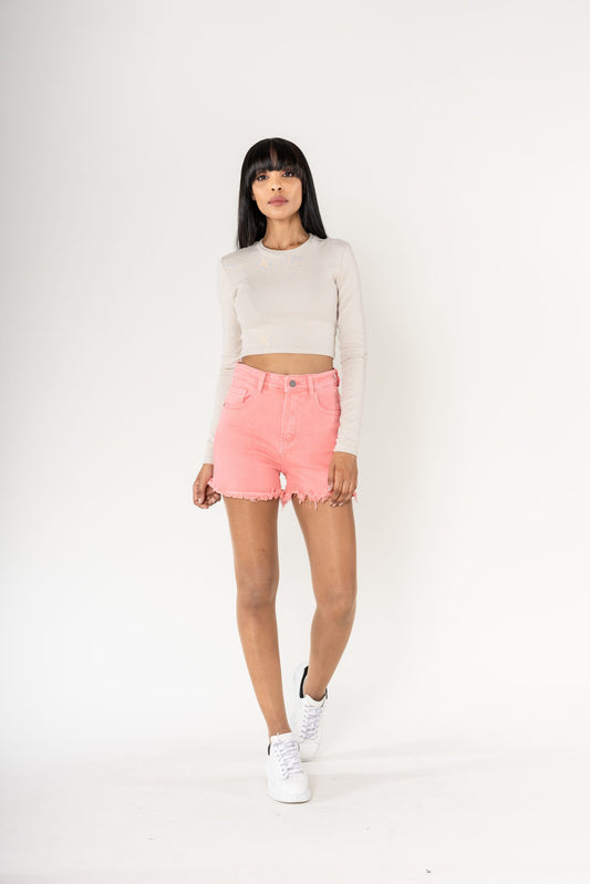 Wholesale High Waisted Frayed Shorts Frayed Bottom Salmon