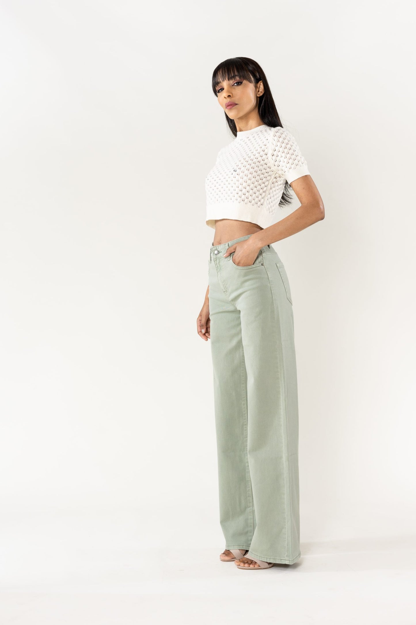 Wholesale Mole High Waist Wide Leg Flare Jeans Sage