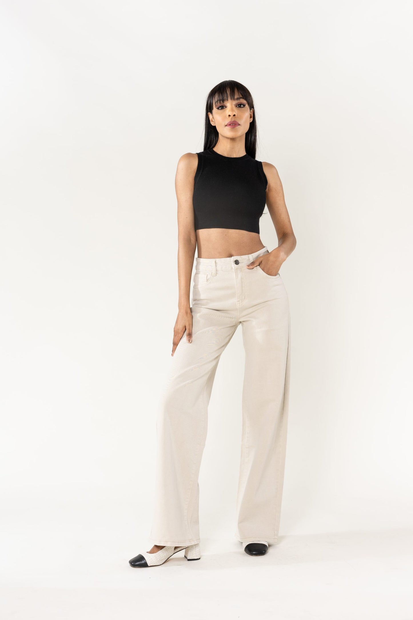 Wholesale Mole High Waist Wide Leg Flare Jeans Cream