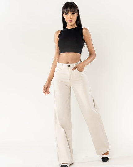 Wholesale Mole High Waist Wide Leg Flare Jeans Cream