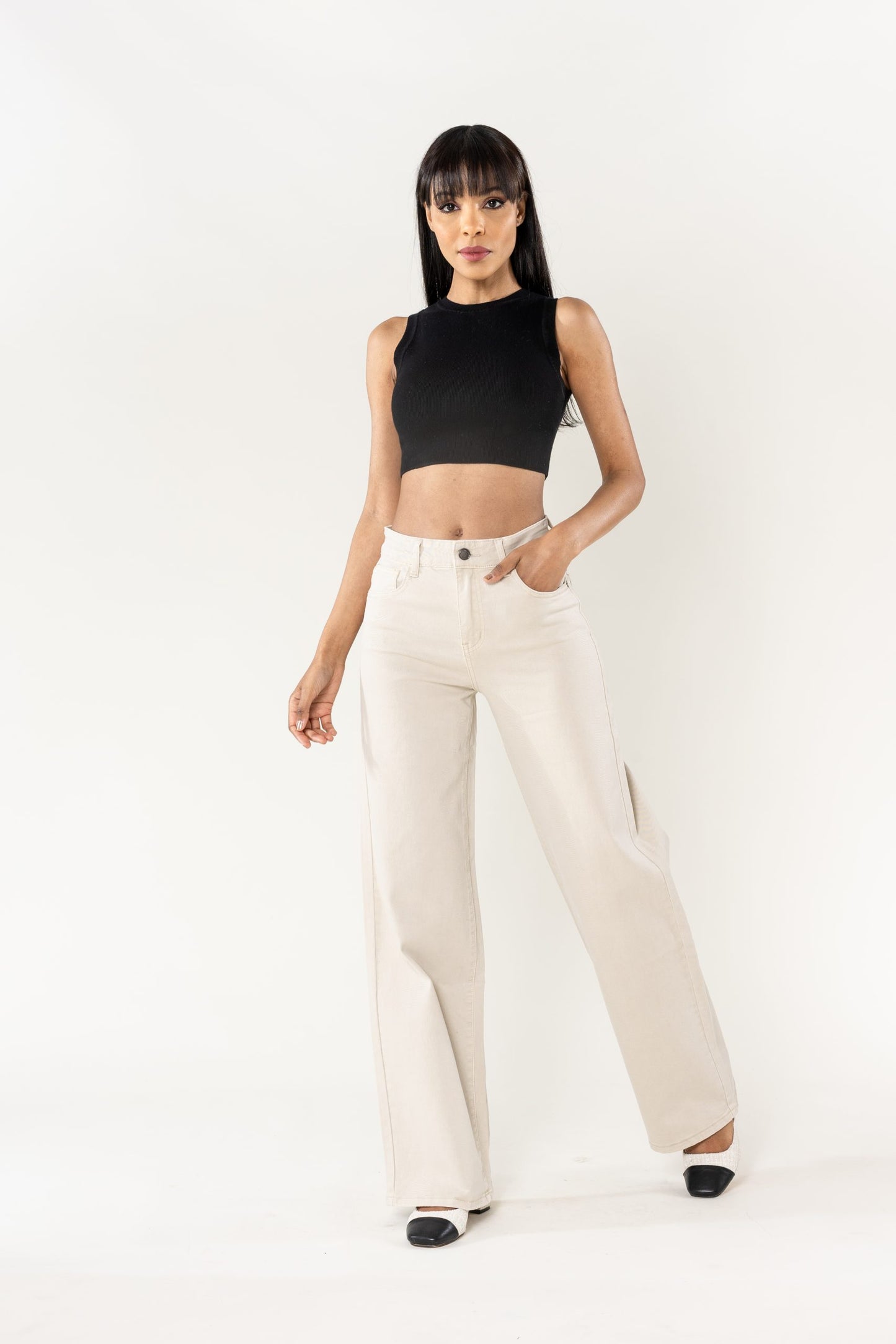 Wholesale Mole High Waist Wide Leg Flare Jeans Cream