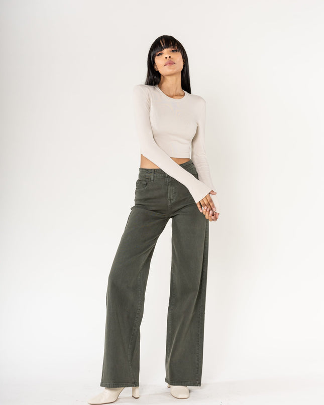 Wholesale Khaki High Waist Wide Leg Flare Jeans