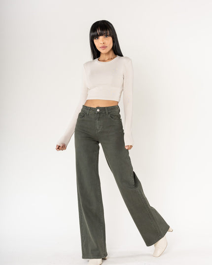Wholesale Khaki High Waist Wide Leg Flare Jeans