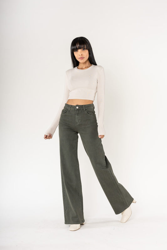 Wholesale Khaki High Waist Wide Leg Flare Jeans